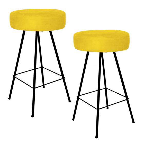 Imagem de Kit 02 Banqueta Alta Laisa Industrial Redonda Cozinha Bar Balcão Bistrô Ferro Preto Suede Amarelo - Ahazzo Móveis