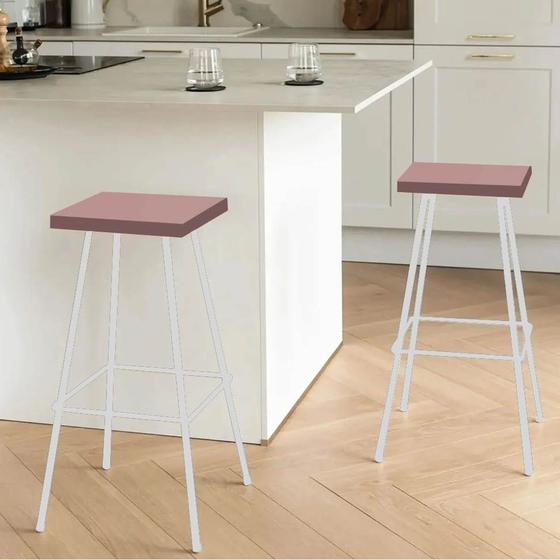 Imagem de Kit 02 Banquetas Alta Eliza 75cm Industrial Para Cozinha Ferro Branco 100% MDF Rose - Ahz Móveis