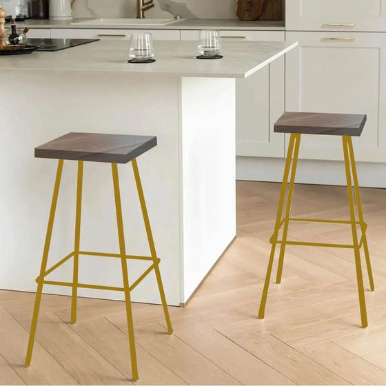 Imagem de Kit 02 Banquetas Alta Eliza 75cm Industrial Para Cozinha Ferro Dourado 100% MDF Madeira - Ahazzo Móveis