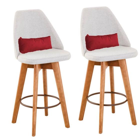 Imagem de Kit 02 Banquetas Alta Maya Giratória Com Encosto Gourmet Linho Bege e Almofada Vermelho - Aurora Line