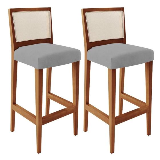 Imagem de Kit 02 Banquetas Alta Para Cozinha Encosto em Tela Branco Zion L02 Suede Cinza - Lyam Decor