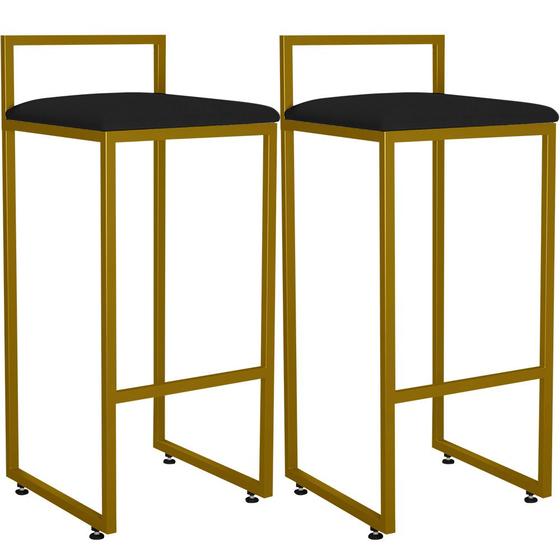 Imagem de Kit 02 Banquetas Alta Para Cozinha Sala De Jantar Hanna L02 Dourado Corano Preto - Lyam Decor