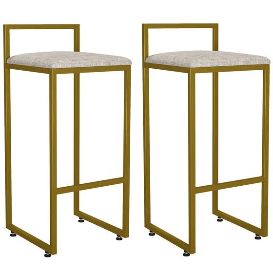 Imagem de Kit 02 Banquetas Alta Para Cozinha Sala De Jantar Hanna L02 Dourado Linho Bege - Lyam Decor