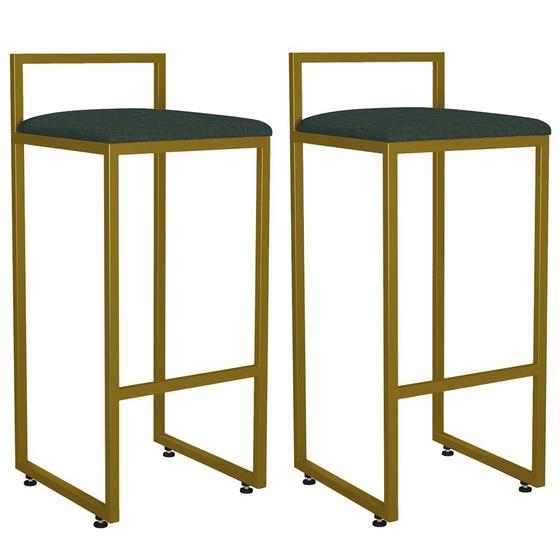 Imagem de Kit 02 Banquetas Alta Para Cozinha Sala De Jantar Hanna L02 Dourado Linho Verde Musgo - Lyam Decor