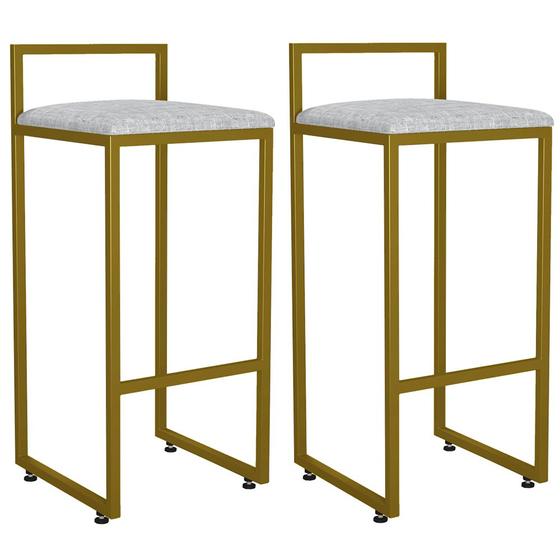 Imagem de Kit 02 Banquetas Altas Para Cozinha Sala De Jantar Hanna L02 Dourado Linho Cinza - Lyam Decor