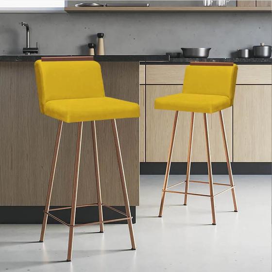 Imagem de Kit 02 Banquetas Com Encosto Menne Eiffel Bistrô Cozinha Aplique Ferro Bronze Sintético Amarelo  - Ahazzo Móveis