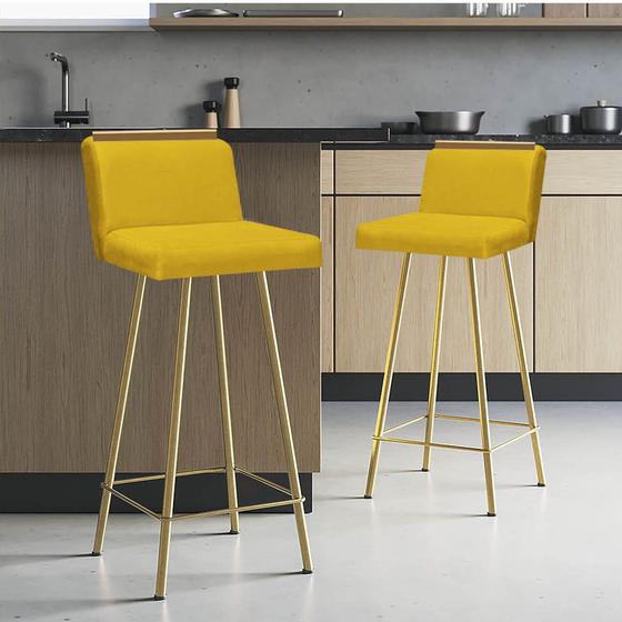 Imagem de Kit 02 Banquetas Com Encosto Menne Eiffel Bistrô Cozinha Aplique Ferro Dourado Suede Amarelo  - Ahz Móveis