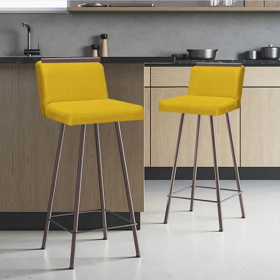 Imagem de Kit 02 Banquetas Com Encosto Menne Eiffel Bistrô Cozinha Aplique Ferro Marrom Suede Amarelo  - Ahazzo Móveis