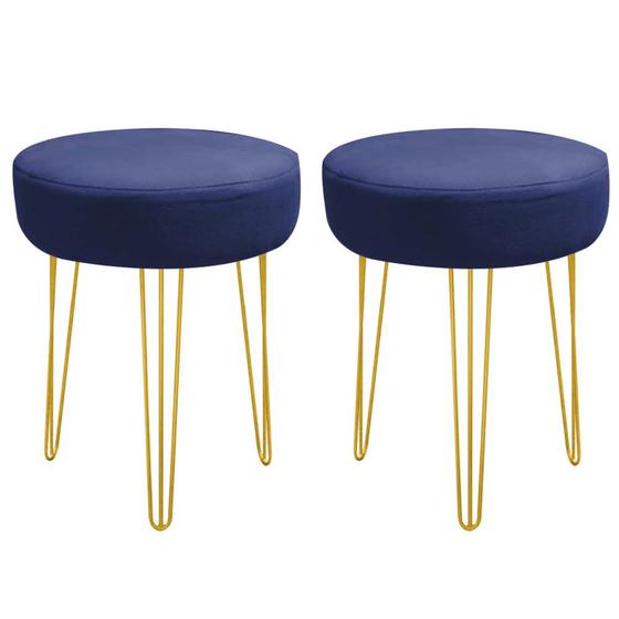 Imagem de Kit 02 Banquetas Puff Jullia Luxo 55cm Industrial Ferro Dourado Suede Azul Marinho - Ahazzo Móveis