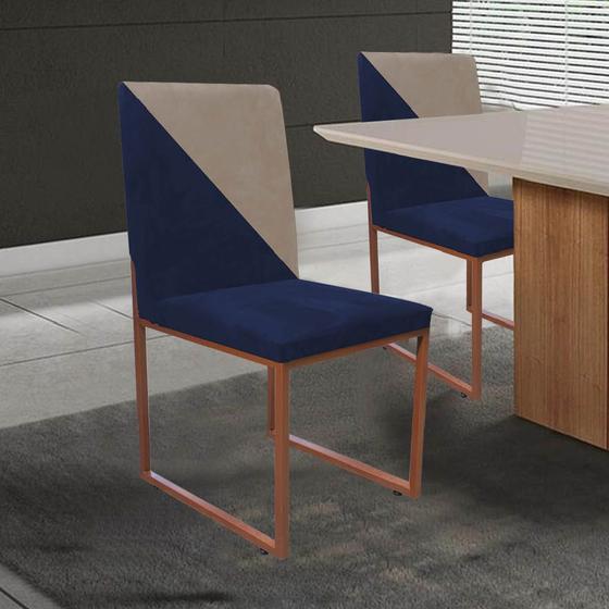 Imagem de Kit 02 Cadeira Office Stan Duo Sala de Jantar Industrial Ferro Bronze material sintético Azul Marinho e Bege - Ahz Móveis