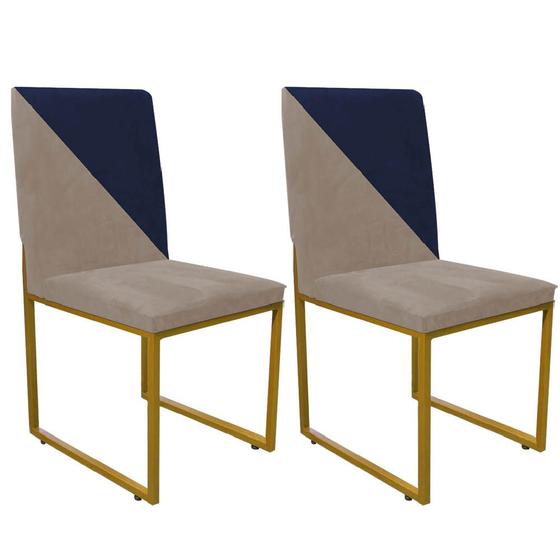 Imagem de Kit 02 Cadeira Office Stan Duo Sala de Jantar Industrial Ferro Dourado Suede Bege e Azul Marinho - Ahz Móveis