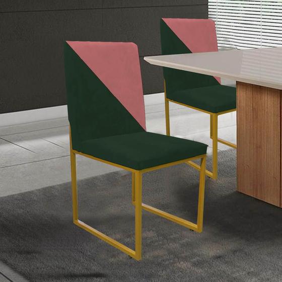 Imagem de Kit 02 Cadeira Office Stan Duo Sala de Jantar Industrial Ferro Dourado Suede Verde e Rose Gold - Ahazzo Móveis