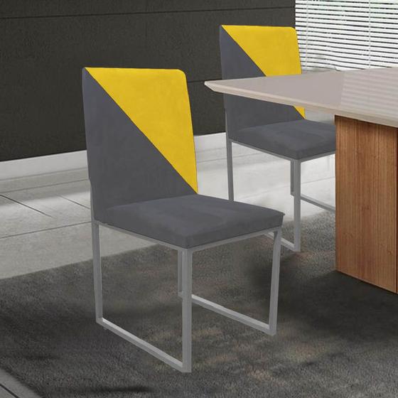 Imagem de Kit 02 Cadeira Office Stan Duo Sala de Jantar Industrial Ferro Prata Suede Cinza e Amarelo - Ahz Móveis