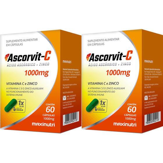 Kit 02 Caixas Ascorvit C 1000mg Vitamina C + Zinco 60 Cápsulas ...
