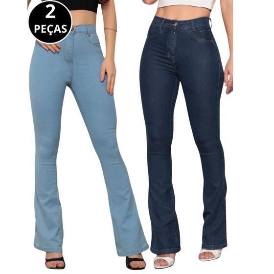 Imagem de Kit 02 Calças Jeans Flare Boca De Sino Feminina Cintura Alta 