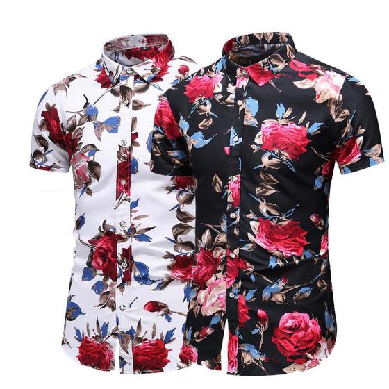 KIT 02 Camisa Floral Masculina Manga Curta Barata Praia Social Slim Menor preço em KIT 02 Camisa Floral Masculina Manga Curta Barata Praia Social Slim