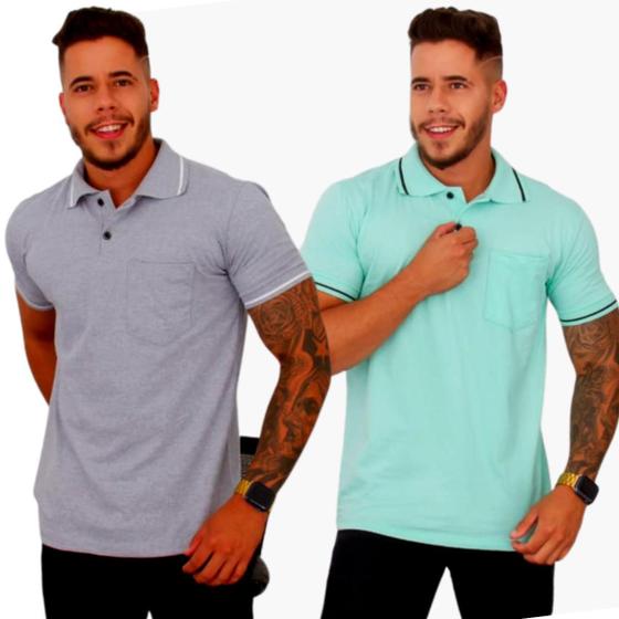 Imagem de Kit 02 Camisas  Gola Polo Masculina com Bolso Tecido Fio 30.1 100% Algodão ( Cores Variadas )