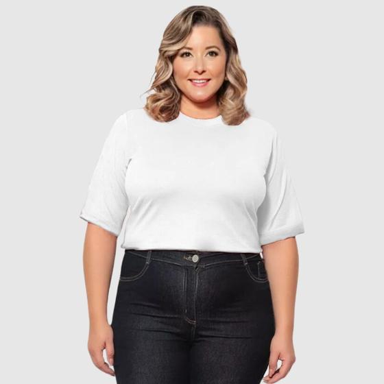 Imagem de Kit 02 Camiseta Feminina Plus Size Lisa 100% Algodão Gola Redonda Manga Curta G1 A G3