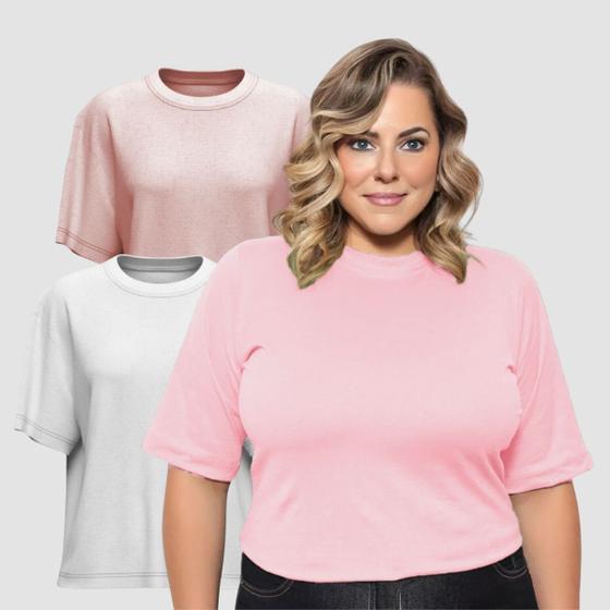 Imagem de Kit 02 Camiseta Feminina Plus Size Lisa 100% Algodão Gola Redonda Manga Curta G1 A G3