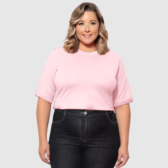 Imagem de Kit 02 Camiseta Feminina Plus Size Lisa 100% Algodão Gola Redonda Manga Curta G1 A G3