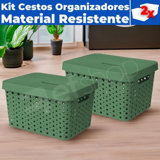 Imagem de Kit 02 Cestos Caixa Organizadoras Rattan Plástica De 33 Litros C/ Tampa E Alças