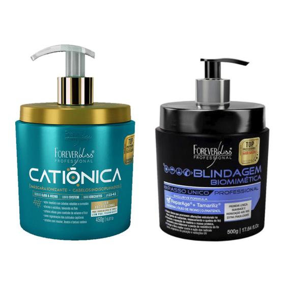 Imagem de Kit 02 Mascaras Catiônica 450g e Blindagem 500g Forever Liss