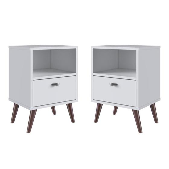 Imagem de Kit 02 Mesa de Cabeceira Nicho 39cm com Gaveta e Pés Palito Retrô Branca