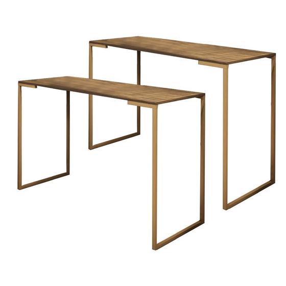 Imagem de Kit 02 Mesa Escrivaninha Escritório e Home Office Ley Industrial Ferro Dourado Tampo MDF Caramelo - Ahz Móveis