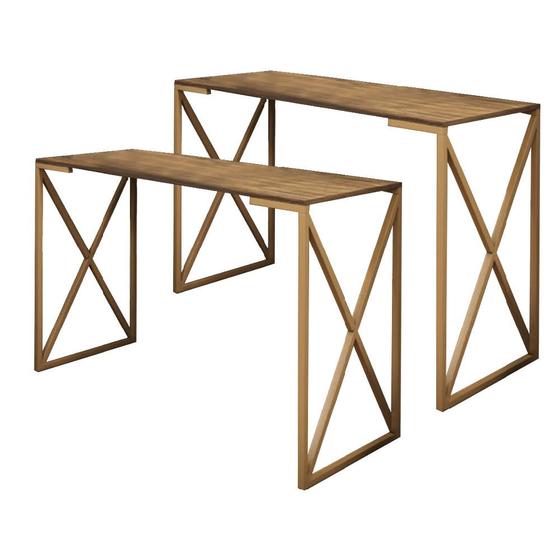 Imagem de Kit 02 Mesa Escrivaninha Escritório e Home Office X Zurik X Industrial Ferro Dourado Tampo MDF Rústico - Ahz Móveis