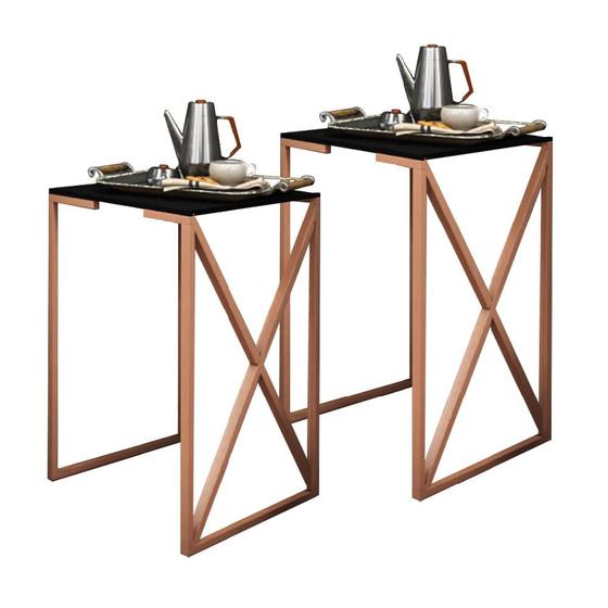 Imagem de Kit 02 Mesa Lateral Canto Aparador Buffet BeX Industrial Ferro Bronze Tampo Preto - Ahz Móveis