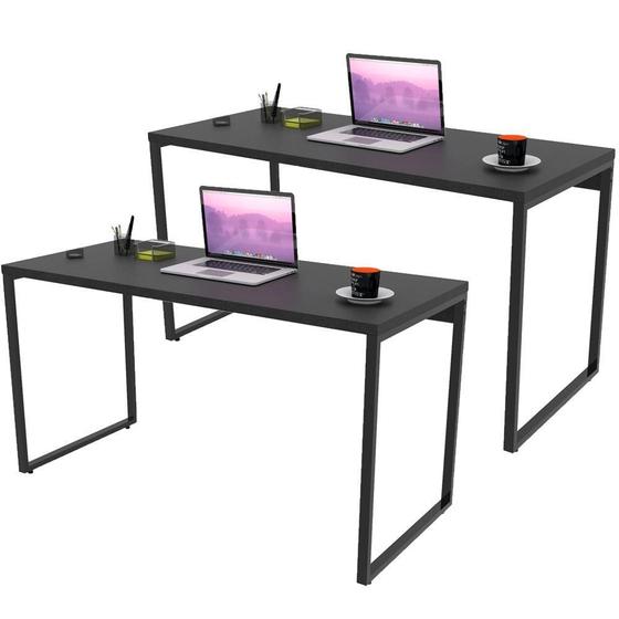 Imagem de Kit 02 Mesas Para Escritório Home Office Estilo Industrial Form C01 135 cm Preto Onix - Lyam Decor