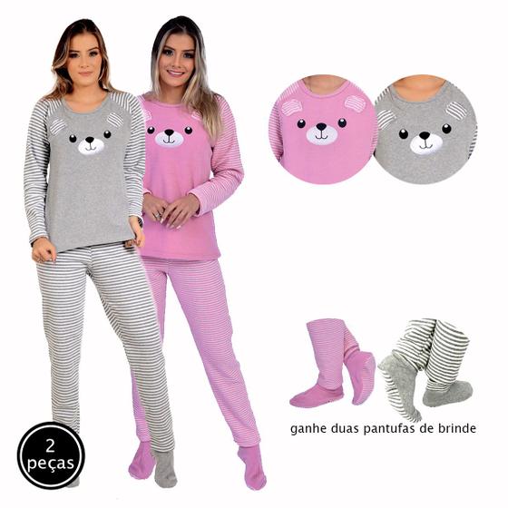 Imagem de Kit 02 Pijamas Femininos Plush Longo Quentinho Inverno e Pantufa