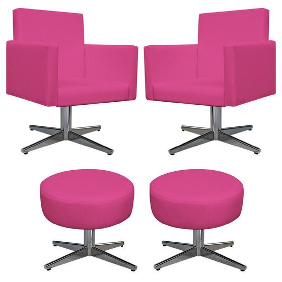 Imagem de Kit 02 Poltrona Cadeira Decorativa Arenzza e 02 Puff Sofia Base Giratória de Metal Corano Pink - KDAcanto Móveis