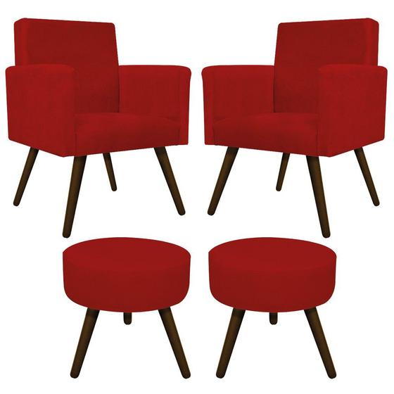 Imagem de Kit 02 Poltrona Cadeira Decorativa Arenzza e 02 Puff Sofia Palito Tabaco Suede Vermelho - KDAcanto Móveis