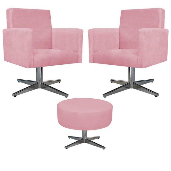 Imagem de Kit 02 Poltrona Cadeira Decorativa Arenzza e Puff Sofia Base Giratória de Metal Suede Rosa Bebê - DAMAFFÊ MÓVEIS