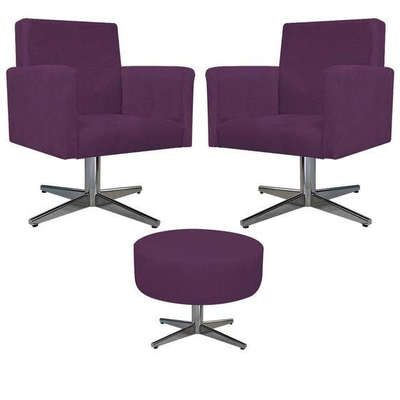 Imagem de Kit 02 Poltrona Cadeira Decorativa Arenzza e Puff Sofia Base Giratória de Metal Suede Roxo - DAMAFFÊ MÓVEIS