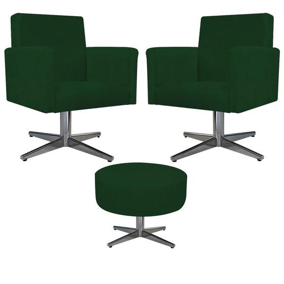 Imagem de Kit 02 Poltrona Cadeira Decorativa Arenzza e Puff Sofia Base Giratória de Metal Suede Verde - KDAcanto Móveis