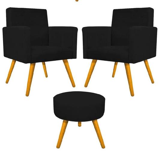 Imagem de Kit 02 Poltrona Cadeira Decorativa Arenzza e Puff Sofia Palito Mel Corano Preto - KDAcanto Móveis
