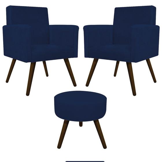 Imagem de Kit 02 Poltrona Cadeira Decorativa Arenzza e Puff Sofia Palito Tabaco Suede Azul Marinho - KDAcanto Móveis