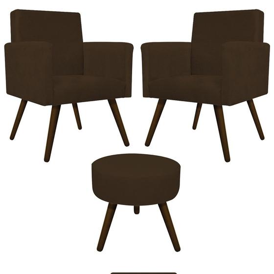 Imagem de Kit 02 Poltrona Cadeira Decorativa Arenzza e Puff Sofia Palito Tabaco Suede Marrom - KDAcanto Móveis