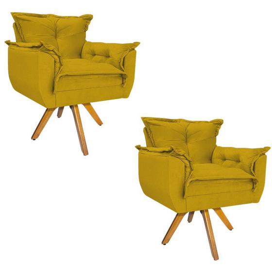 Imagem de kit 02 Poltrona Cadeira Decorativa Fenzzi Base Giratória de Madeira Suede Amarelo - DAMAFFÊ MÓVEIS