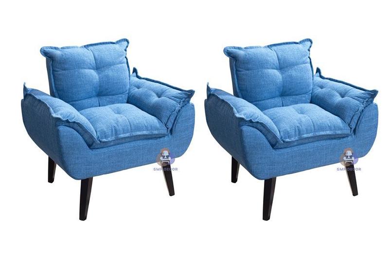 Imagem de Kit 02 Poltrona/Cadeira Decorativa Glamour Azul Linho Com Pés Quadrado