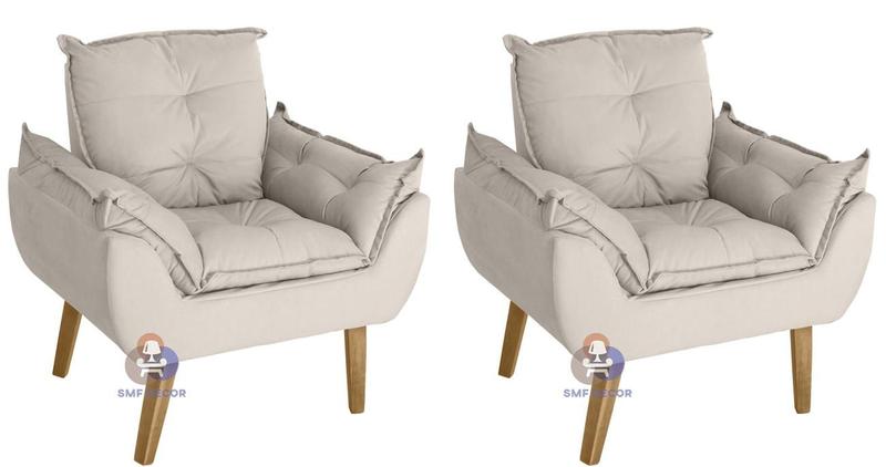 Imagem de Kit 02 Poltrona/Cadeira Decorativa Glamour Bege Com Pés Quadrado