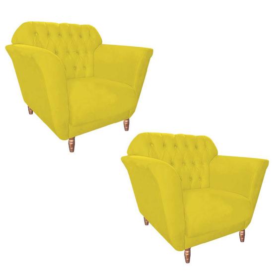 Imagem de Kit 02 Poltrona Cadeira Decorativa  Ster com Capitone  Sala de Estar Recepção Escritório Tecido Sintético Amarelo - KDAcanto Móveis