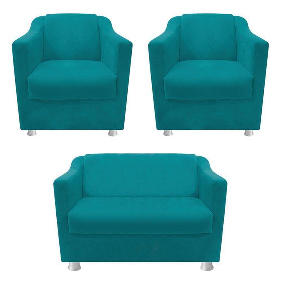 Imagem de kit 02 Poltrona Cadeira e  01 Namoradeira Babel Suede Azul Turquesa - DAMAFFÊ MÓVEIS