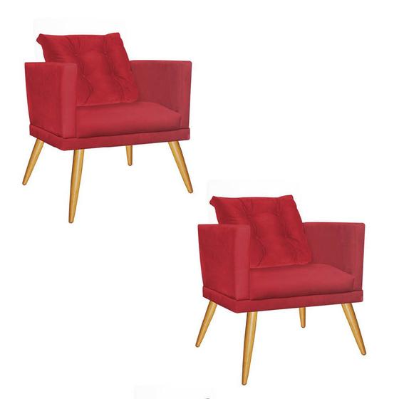 Imagem de Kit 02 Poltrona Cadeira Milena Confort Com almofada Sala Recepção Escritório Pé Caramelo Suede Vermelho - DAMAFFÊ MÓVEIS