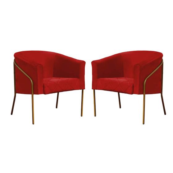 Imagem de Kit 02 Poltrona Cadeira Roni Luxo Industrial Ferro Dourado Suede Vermelho - Ahz Móveis