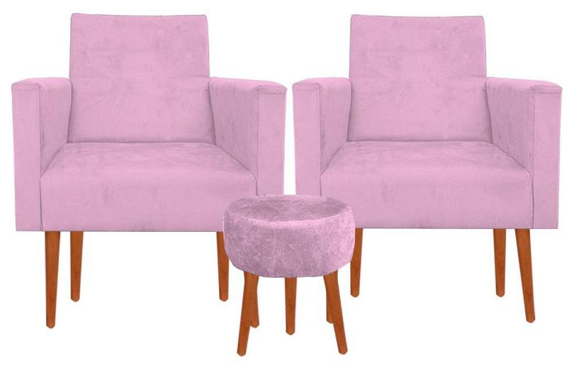 Imagem de Kit 02 Poltrona Decorativa Nina + Puff Suede Rosa