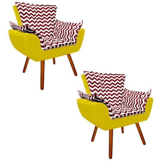 Imagem de Kit 02 Poltrona Decorativa Opala Suede Composê Estampado Zig Zag Vermelho D79 e Suede Amarelo - D'Rossi