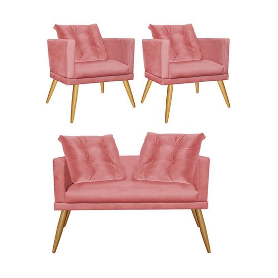 Imagem de Kit 02 Poltrona e Namoradeira Sofá Lucia Confort Com Almofada Sala Recepção Escritório Consultório Pé Rústico Suede Rose Gold - KDAcanto Móveis
